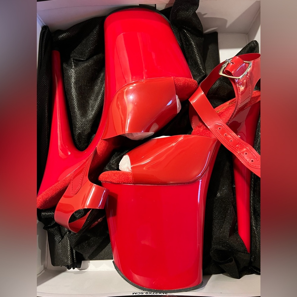 Pleaser Flamingo 808N Red Platform Peep-Toe Stiletto Sandals - Women
